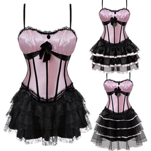 Sexy Burlesque Overbust Corset Bustier Top With Lace Mini Short Skirt Fancy Dresses Straps Zipper Vintage Gothic Bustiers