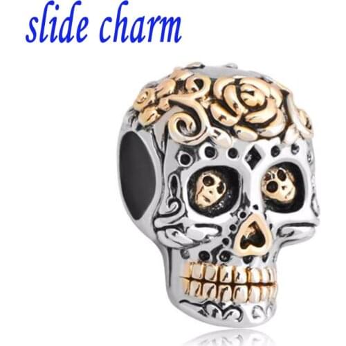 Slide charm Free shipping New Plate Flower Skull And Fit Beads Charms Bracelets All Brands fit Pandora bracelet