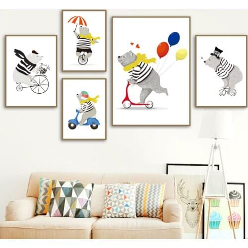 Cute Grizzly Beer Balloon Motor Bike Nordic Posters And Prints Wall Art Canvas Painting Nursery Wall Pictures Kids Room Decor