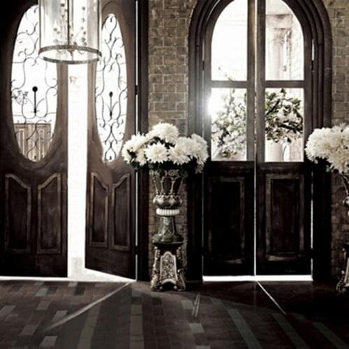 Old Fashion Wedding Photography Background Two Vintage Wood Door Flower Vase Brick Wall Floor Photo Studio Background 5'*6.5