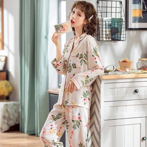Spring Cotton Silk Pajamas Set Casual Printed Pijama Mujer Turn-down Collar Long-sleeve Pyjama