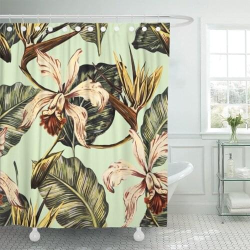 Vintage Tropical Pattern Exotic Flowers Jungle Leaves Orchid Bird Shower Curtain Waterproof Polyester Fabric 60 x 72 Inches Set
