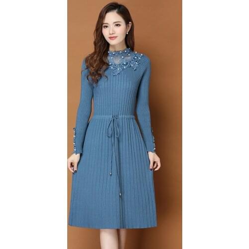 Knit dress spring and autumn new Korean version of the half-high collar long-sleeved beaded long sweater dress womens clothing