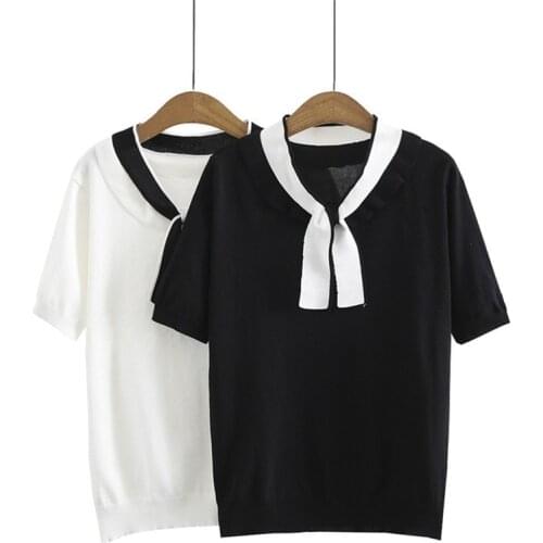 Women Blouse 2021 Summer Wear New Plus Size Womens Short-sleeved Sweater with Contrasting Color Lotus Leaf Collar Lace-up Shirt