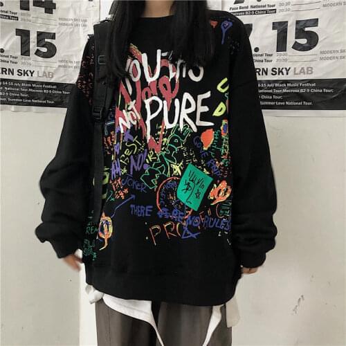 Hip Hop Sweatshirt Women Autumn Fashion Cotton Graffiti Print Hoodies Women High Street Tops Harajuku Long Sleeve Loose Pullover
