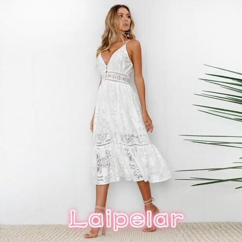 Sundress Summer White Lace Dress Women Sexy Dress V Neck Crochet Hollow Out Spaghetti Strap Tunic Beach Dress Laipelar