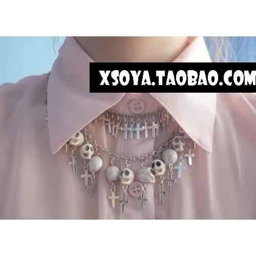 Punk Euramerican Cross Cross Cross Cross Skull Chain Silver Double necklaces