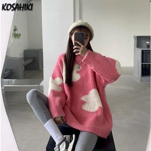 KOSAHIKI Korean Cartoon Cloud Women Sweater Chic Causal Loose All Match Knitted Pullover Tops 2021 Autumn New Pull Jumpers