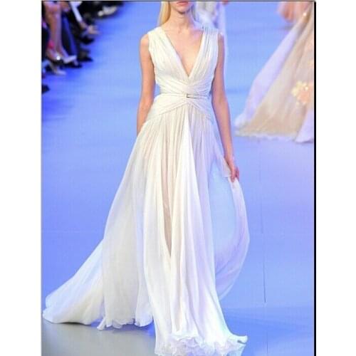 Hot Elegant Sexy V-Neck Sleeveless Pleats White Chiffon Long Cheap vestido de noiva evning dress bridal gown Celebrity Dresses