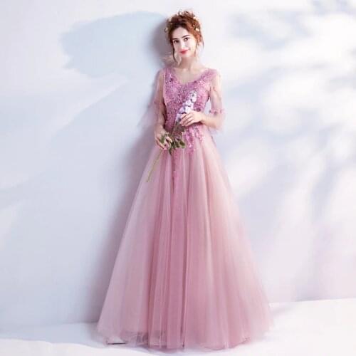 Beauty-Emily V Neck Pink Lace Formal Party Dresses A-line Long Prom Gown Half Sleeve Floral birthday gown Lace Up back Dress