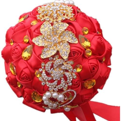 Gold Diamond Hand Bouquet New Product Romantic Bride Holding Flowers Red Wedding Bouquets Ribbon Rhinestone Pearl Flower Gift