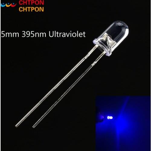 100pcs 5mm Ultraviolet 395nm 400nm UV LED Diode Light Emitting Lamp 5 mm UVLED (Ultra Violet Purple 5 mm Round Water Clear Lens)
