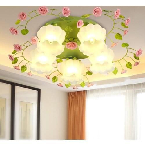 American Rural Flower Ceiling Lights LED Rose Lights Glass Shade Home Living Room Rural Ceiling Lamp Girls Bedroom Lights D67