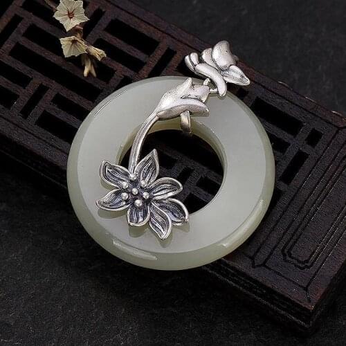Antique S925 Sterling Silver Retro Classical Natural Hetian Jade Magnolia Peace Buckle High-Grade Female Pendant Pendant
