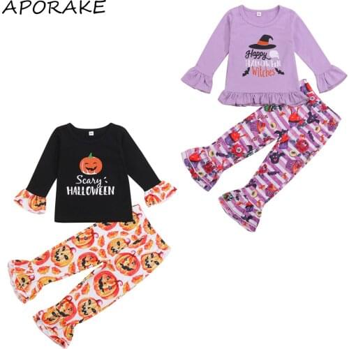 2021 0-5Y Halloween Kids Baby Girl Clothes Set Witches/Pumpkin Letter Print Long Sleeve Ruffle T-shirt+Flare Pants Costume 2pcs