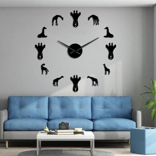 DIY Giraffe Mirror Stickers Wall Art Giant Frameless Clock Wildlife Animal Home Decor Kind Room Decorative Clock Wall Watch