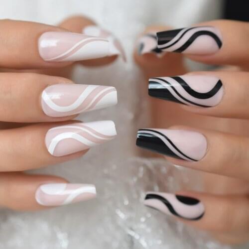 Long Coffin Pink Nude Base Fake Press On Nails White Black Water Flow Pattern False Artifcial Special Nails For Women Girls