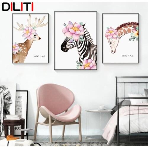 Watercolor Flower Animal Canvas Painting Poster Deer Zebra Giraffe Wall Art Prints Nordic Decoration Pictures for Living Room