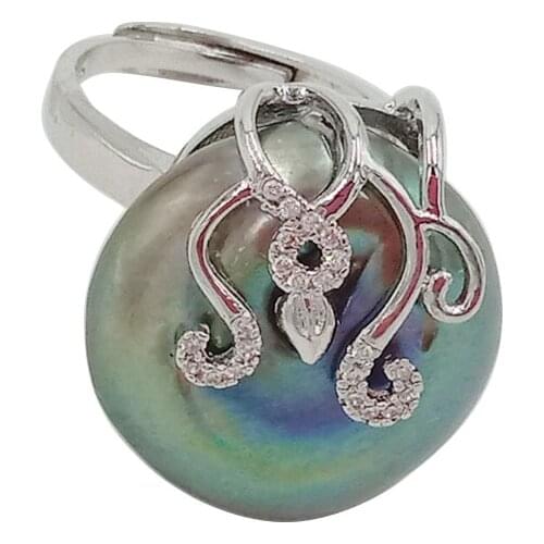 100% NATURE FRESHWATER PEARL RING, big coin shape baroque pearl ring .21 mm black pearl