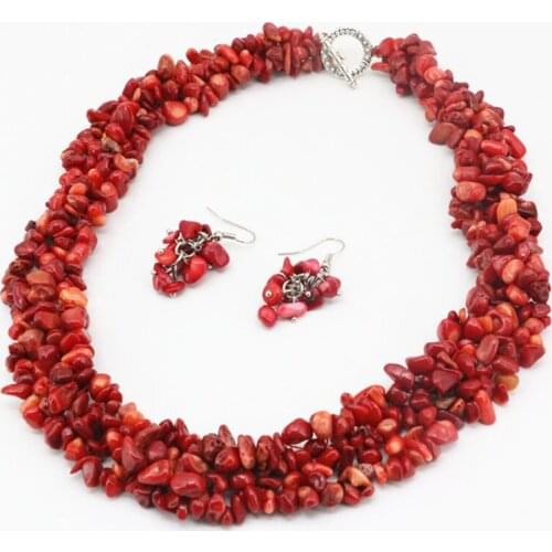 African Jewelry Set for Women Natural Stone Red Coral 9-11mm Irregular Beads Chain Necklace Earrings Statement Chip Sets 18"A68