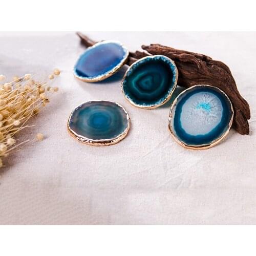2Pcs/Set Slice Blue Agate Coaster Restaurant Teacup Storage Tray Home Decor Gemstone Gold Edges Drink Cup Holder Kitchen Tools
