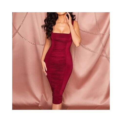 Midi Ruched Dress Slim Squar Collar Sleeveless Women Bodycon Dress Elegant Club Night Party Tank Dress 2021 Sexy Spring Summer