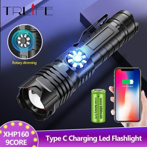XHP160 9Core Powerful LED Flashlight 5000mAH USB Rechargeable Stepless Dimming 5Modes Zoom Torch Tactial Flashlight 18650/26650
