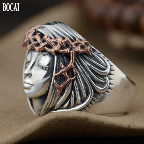 BOCAI 100% real S925 silver fashion jewelry vintage Thai silver ring men and women fashion maiden angel, adjustable silver rings