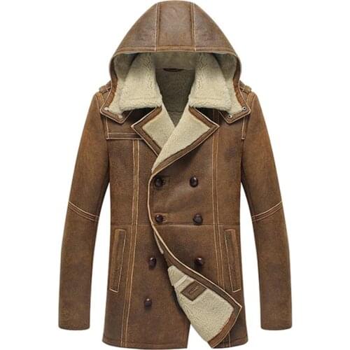 Denny&Dora Mens Shearling Hooded B3 Coat Long Regular Fit Jacket B2 Military Style Sheepskin Leather Jacket