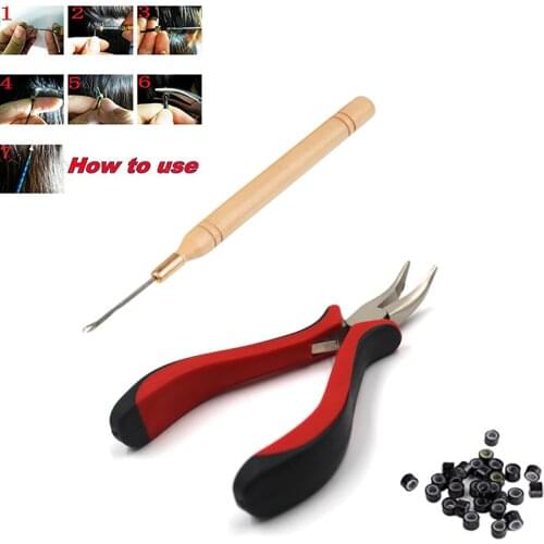 Hair Extension Tool Kit Plier + Pulling Hook + 100 Pcs Link Rings Beads Hair Styling WH998