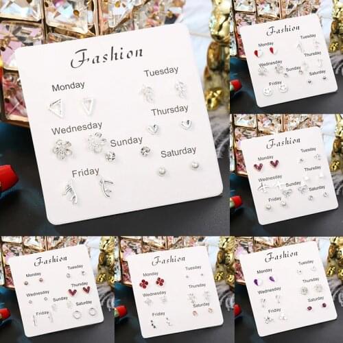 2019 New 6 Pairs/set Earrings for Women Stars Heart Crytal Cute Earrings Fashion Jewelry Monday To Saturday Earrings