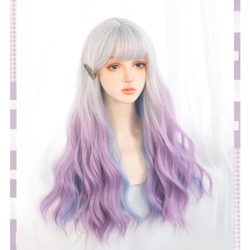 Gradient Grey Blue Purple Lolita Wig Harajuku Fairy Cosplay Bangs Mixed Colors Curly Wavy Long Sweet Fringe Adult Girls Hair