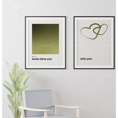 Gradient color poster, print set of 2 pieces: olive green gradient art print poster, olive I love olive you, heart-shaped line a