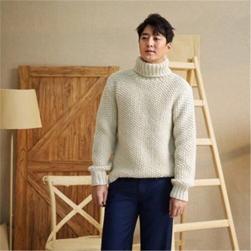 New arrival 100% hand made wool blend turtleneck knit men solid H-straight loose pullover sweater one&over size