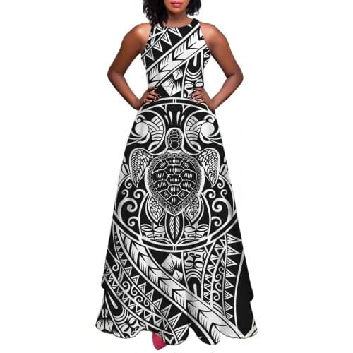 Hycool Vintage Asymmetric Polynesian Tribal Print Black WomenS Evening Dress A-Line Woman Summer Dress Sleeveless Birthday Gown