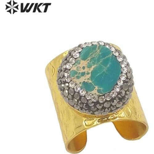 WT-RR011 Wholesale Custom CZ Paved Natural Round Ocean J asper Stone Cigar Ring With Gold Electroplated Adjustbale Size Rings