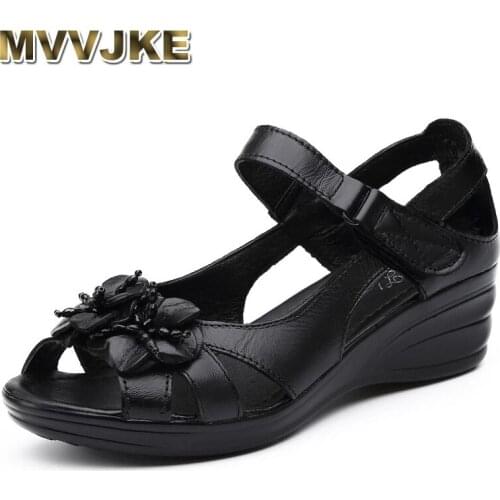 MVVJKE 2021 Gladiator Sandals Women Elegant Genuine Cow Leather Wedge Mid Heel 4cm Beaded Flower Ladies Shoes And Sandals Shoes
