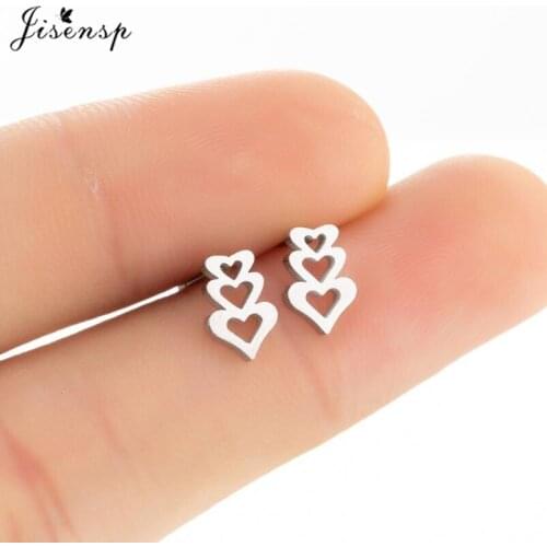Jisensp Romantic Multi Hollow Heart Stud Earrings Tiny Geometric Stainless Steel Earrings for Women Punk Everyday Jewelry Gift