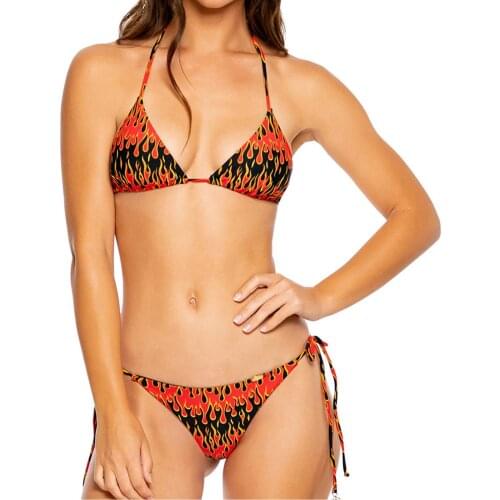 Womens Swimwear Fashion Sexy Flames Print High Waist Bandage Split Swimsuit Bikini Summer Bikini 2021 New maillot de bain femme