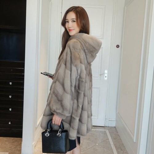 Womens real mink fur coat the whole mink fur jacket long hooded velvet grade mink female dress