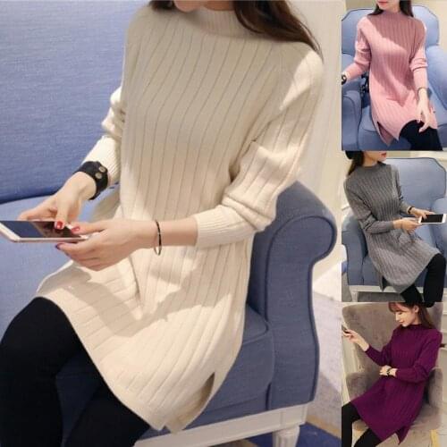 Dropshipping Fashion Women Loose Solid Color Long Sleeve Turtle Neck Pullover Sweater Dress