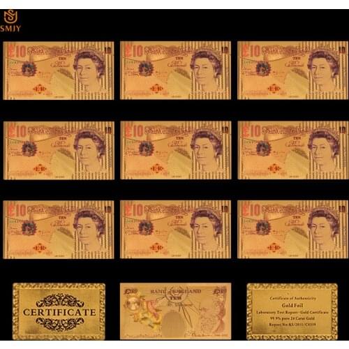 10Pcs/Lot British 24k Gold Banknote Set 10 Pounds Gold Plated 9999 Paper Money Bill Note Euro Banknote Collectible