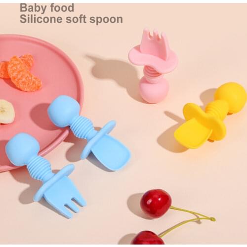 2Pcs/Set Baby Training Anti-Slip Design Fork Spoon Set Infant Food Silicone Tableware Dishware Newborn Learning to Eat Tools