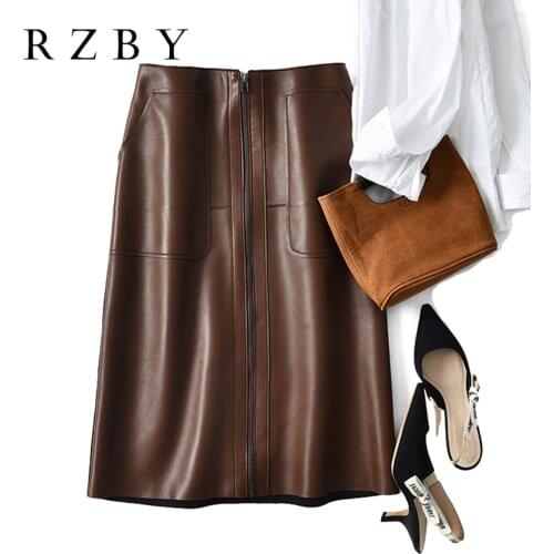 2020 New Women Italy Vintage Style Jupe Dark Brown A-line Genuine Leather Skirt Zipper Pocket Real Natural Sheepskin 치마 RZBY287