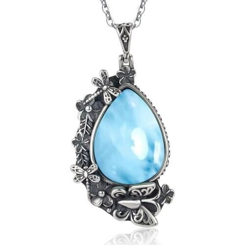 925 Silver Larimar Jewelry Antique 925 Sterling Silver Natural Larimar Butterfly and Flowers Waterdrop Pendant For Women Gift