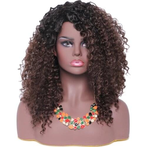 BESTUNG Afro Medium Kinky Curly Wigs for Black Women Ombre Black to Brown with Dark Roots Synthetic Fluffy Side Part Wig
