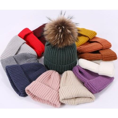 Beanies Cap Children Baby PomPon hat Autumn Winter Warm For Women Girl 's Cap Knitted Thick Skullies Natural Fur High Quality