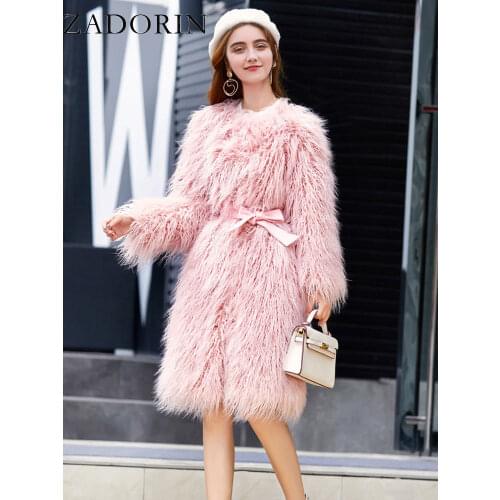 ZADORIN 2021 Elegant Winter Coat Women Long Faux Sheep Fur Coat with Belt Luxury Fluffy Pink Jacket Fur Faux Fur Ladies Coats