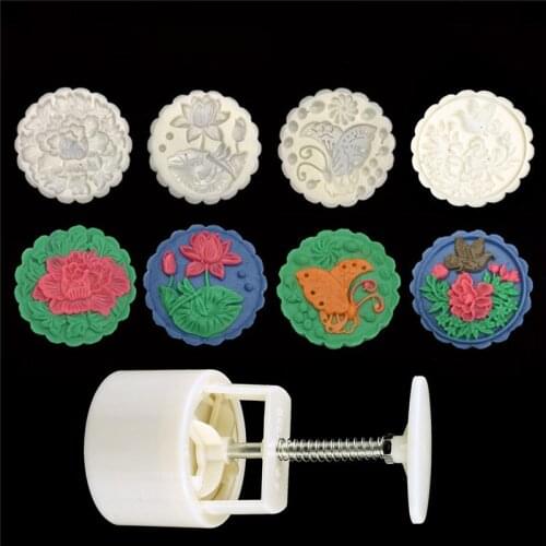 125g Moon Cake Mold 4 Stamps Flowers Bird Decor DIY Hand Pressure Biscuits Pastry Mould for Mid-autumn Festival Baking Tool
