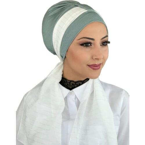 Islamic Fashion Muslim Hijab Lady Hijab 2021 Trend Scarf Bone Beanie Ready Shawl Scarf Buckle Hat Mint Green Hijab Bathing Cap